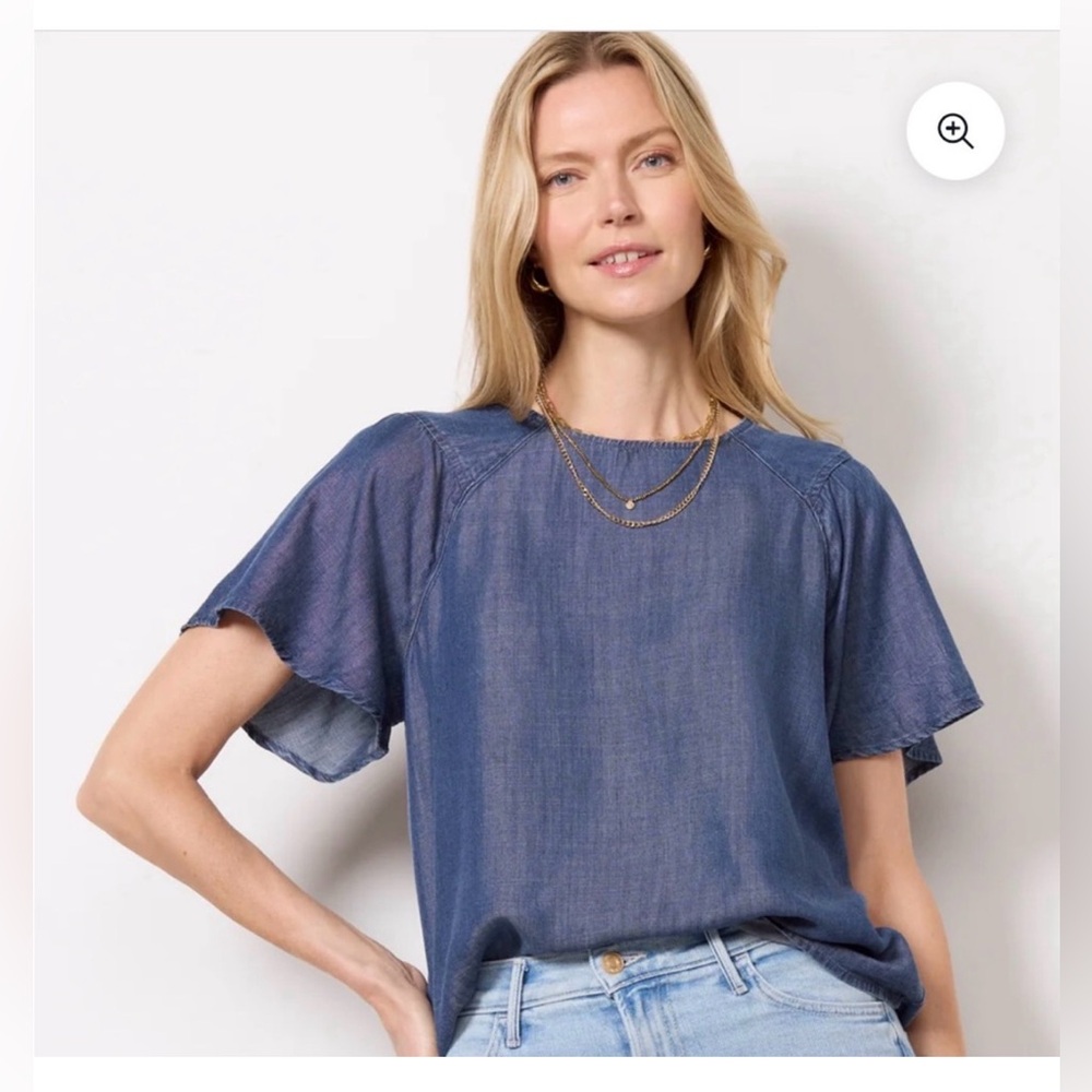 Evereve Chambray Ruffle Flutter Sleeve Lyocell Dark Blue Denim Blouse Top Sz XS